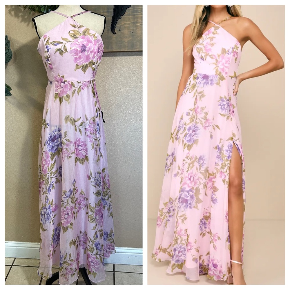 NWT Lulus Romantic Marvel Light Pink Floral Halter Maxi Dress